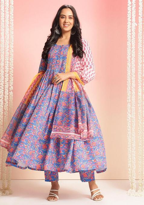 Blue Floral Rayon Anarkali Set — view on Indya