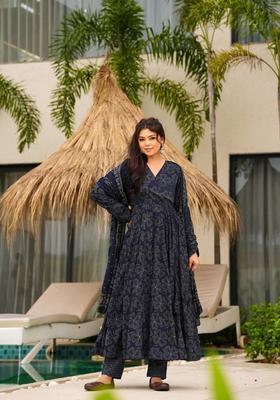 Blue Printed Rayon Kurta Set