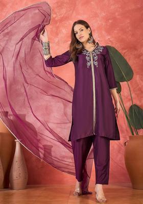 Purple Embroidery Viscose Kurta Set