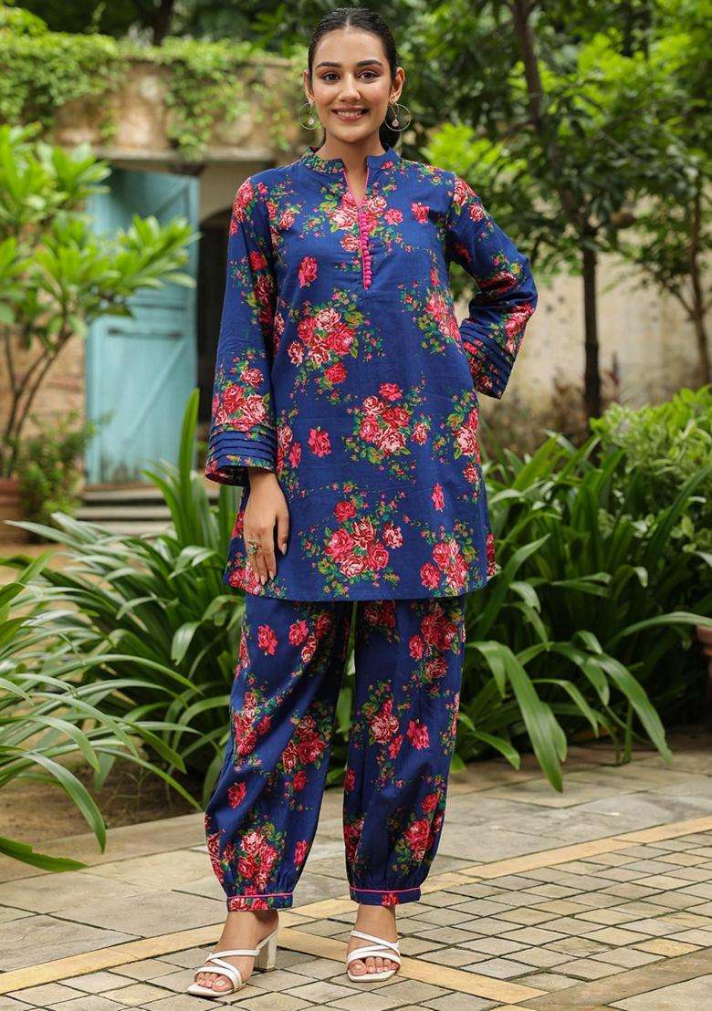 Blue Floral Cotton Co-Ord Set - Indya