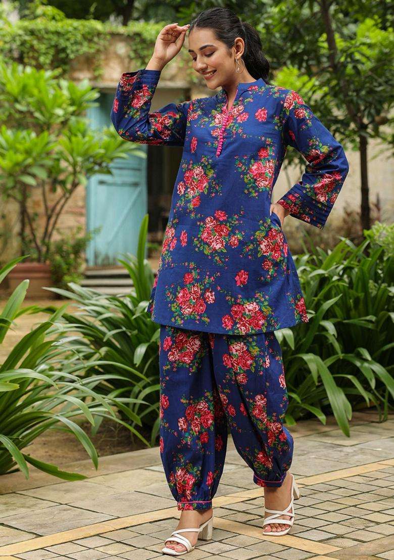 Blue Floral Cotton Co-Ord Set - Indya