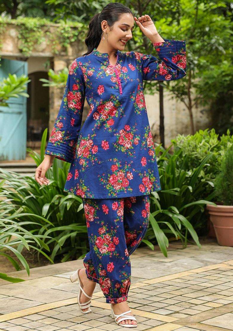 Blue Floral Cotton Co-Ord Set - Indya