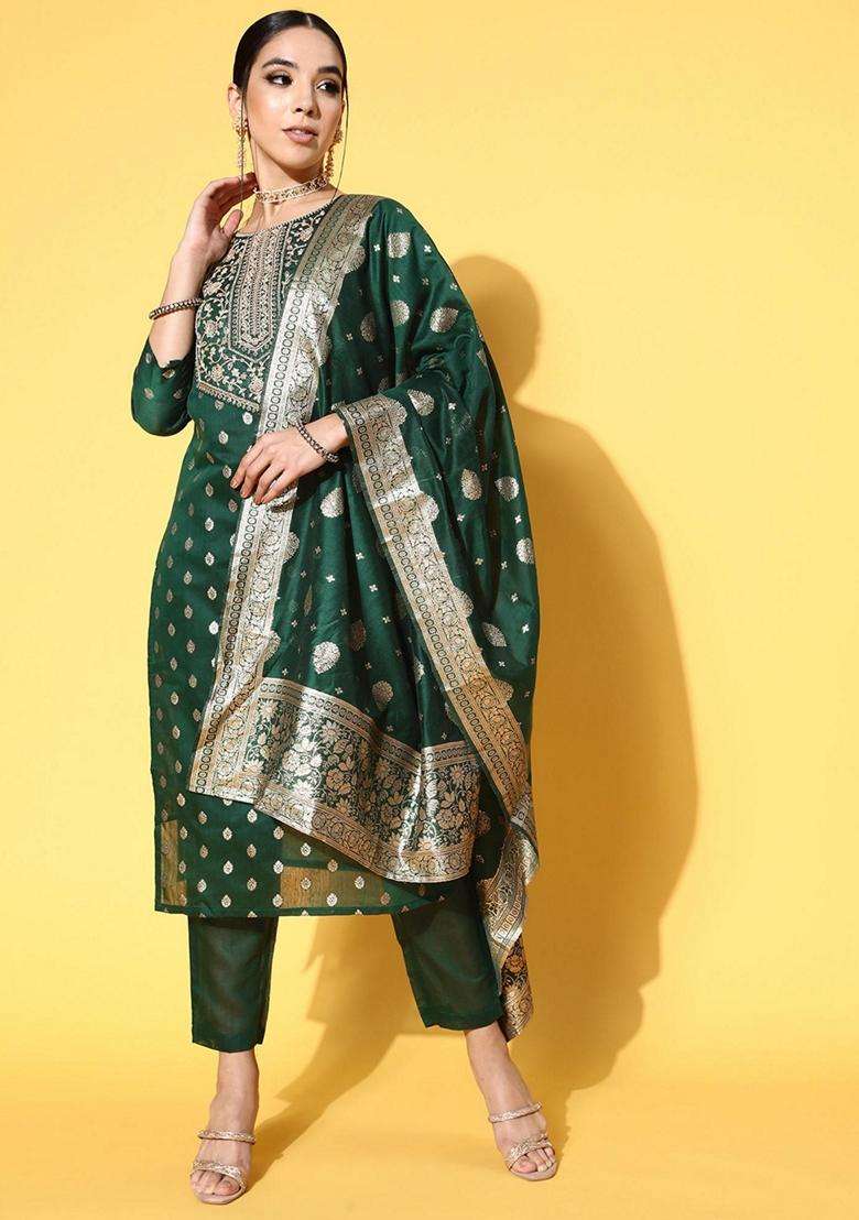 Green Embroidery Silk Blend Kurta Set - Indya