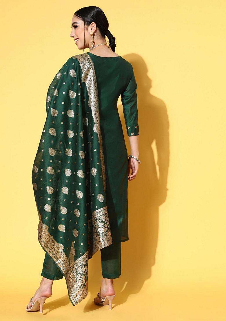 Green Embroidery Silk Blend Kurta Set - Indya