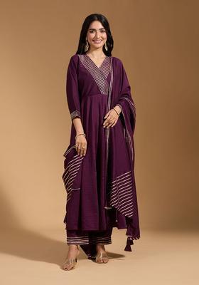 Wine Solid Silk Anarkali Set