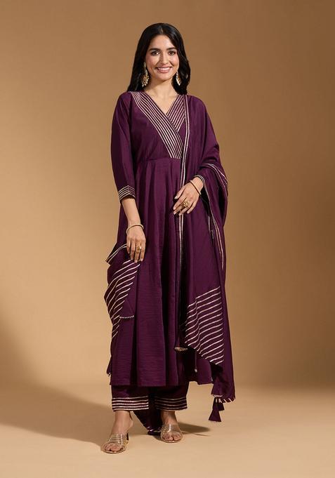 Wine Solid Silk Anarkali Set — view on Indya