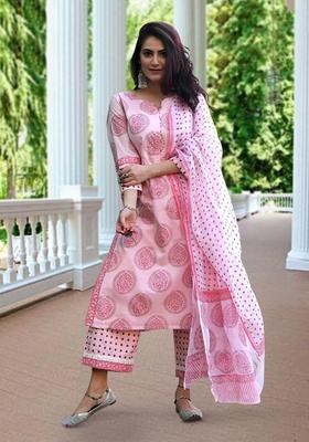 Pink Printed Cotton Kurta Set