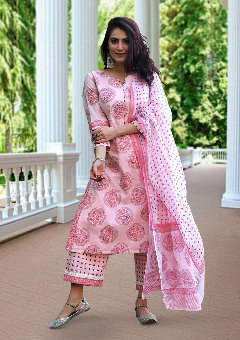 Pink Printed Cotton Kurta Set - Indya