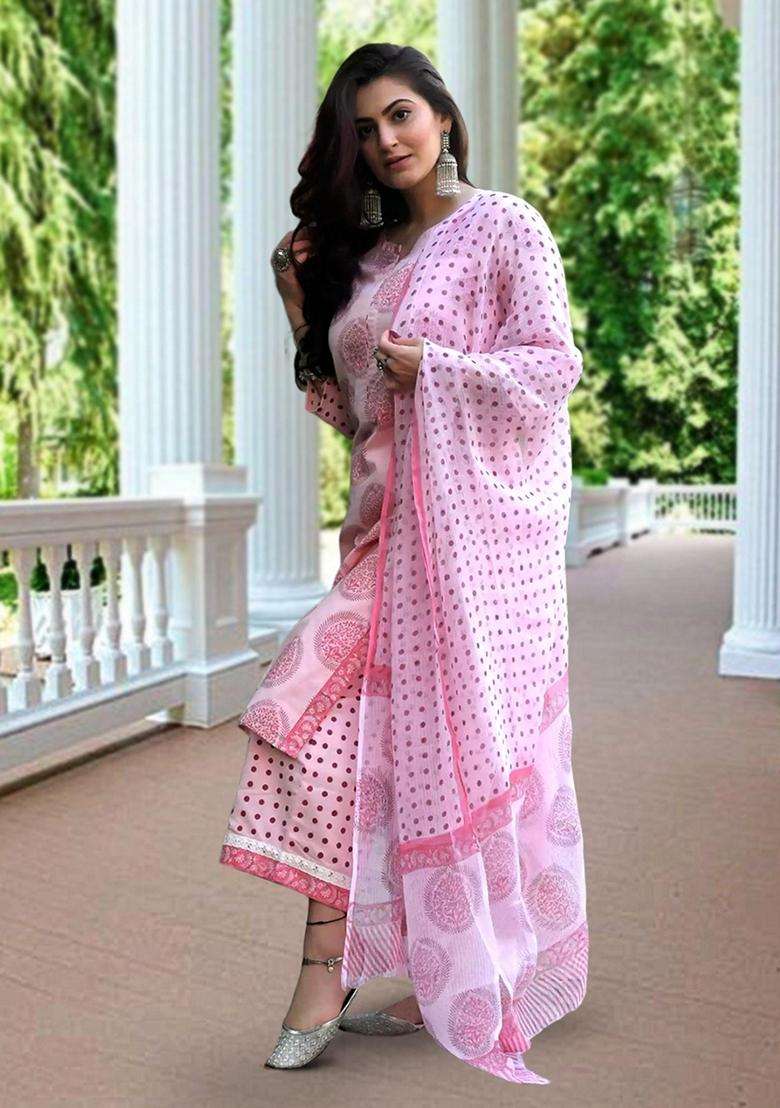 Pink Printed Cotton Kurta Set - Indya