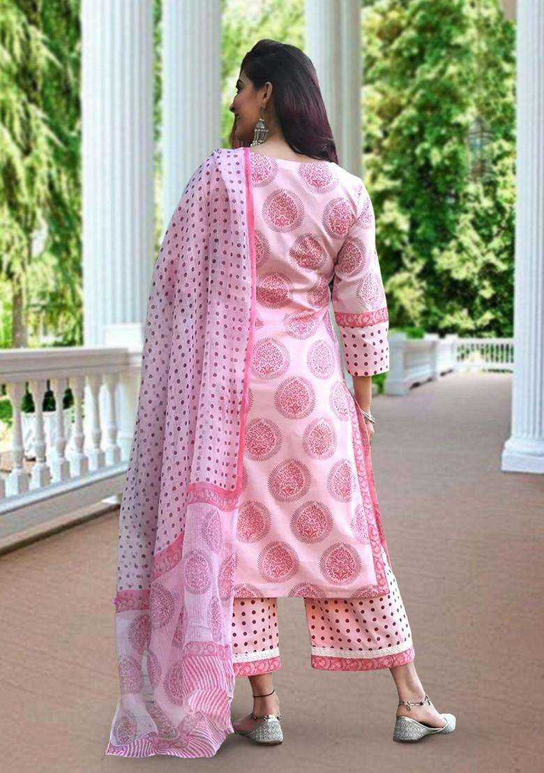 Pink Printed Cotton Kurta Set - Indya