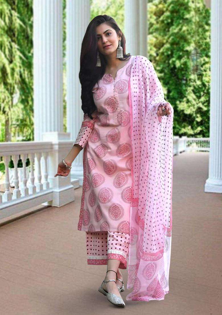 Pink Printed Cotton Kurta Set - Indya