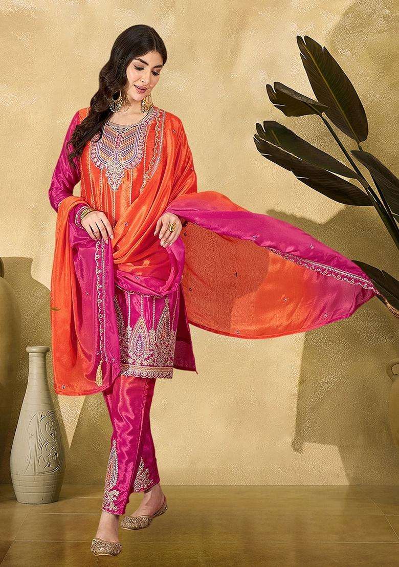 Orange Ombre Silk Blend Kurta Set - Indya