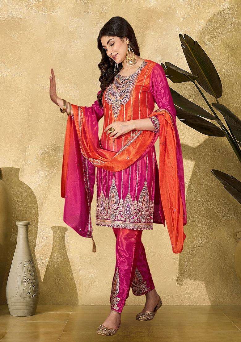 Orange Ombre Silk Blend Kurta Set - Indya
