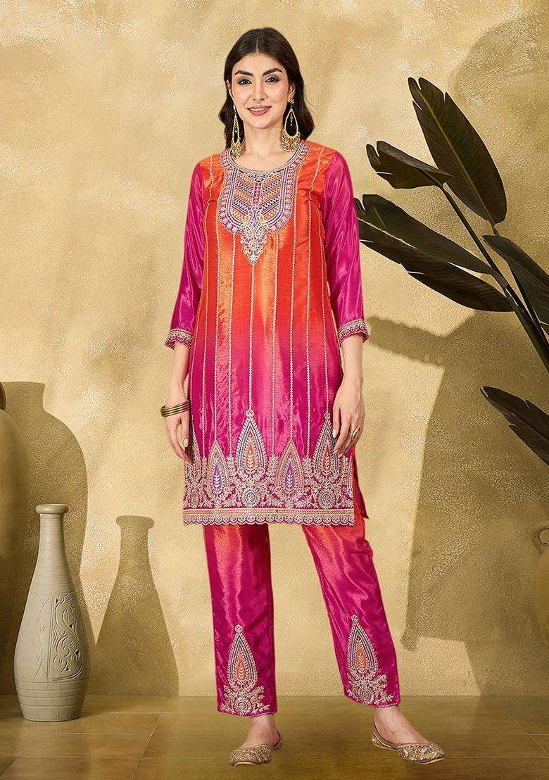 Orange Ombre Silk Blend Kurta Set - Indya
