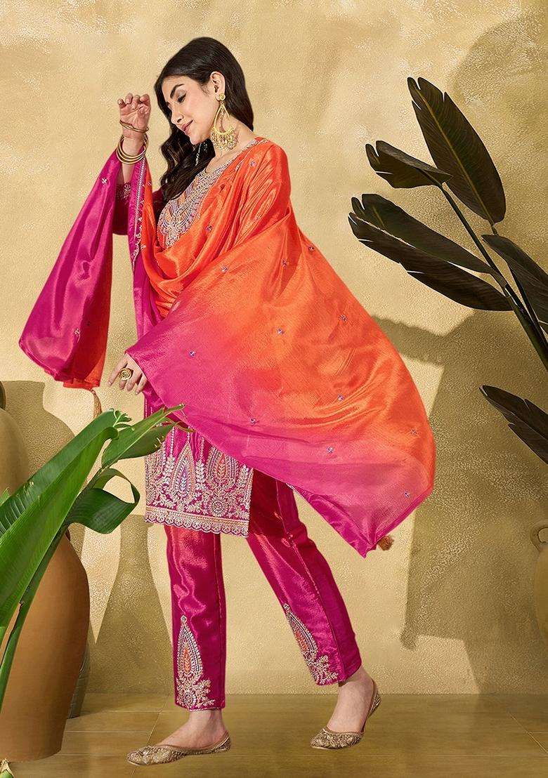 Orange Ombre Silk Blend Kurta Set - Indya