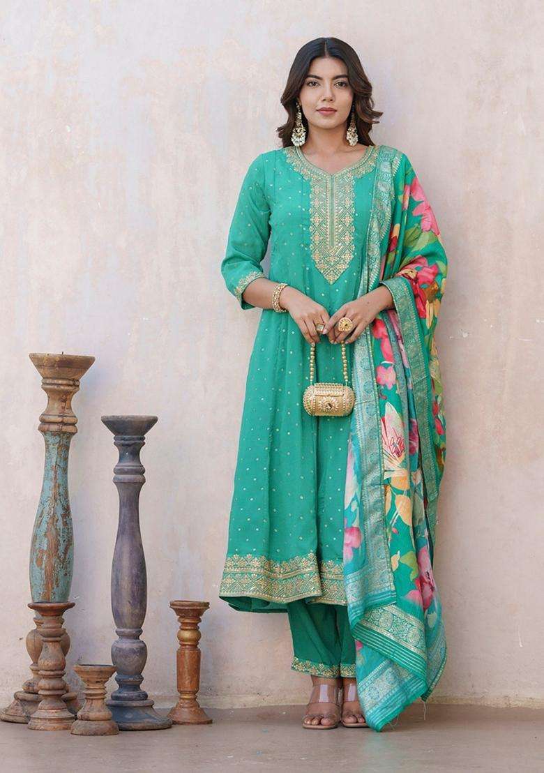 Turquoise Embroidery Silk Blend Anarkali Set - Indya