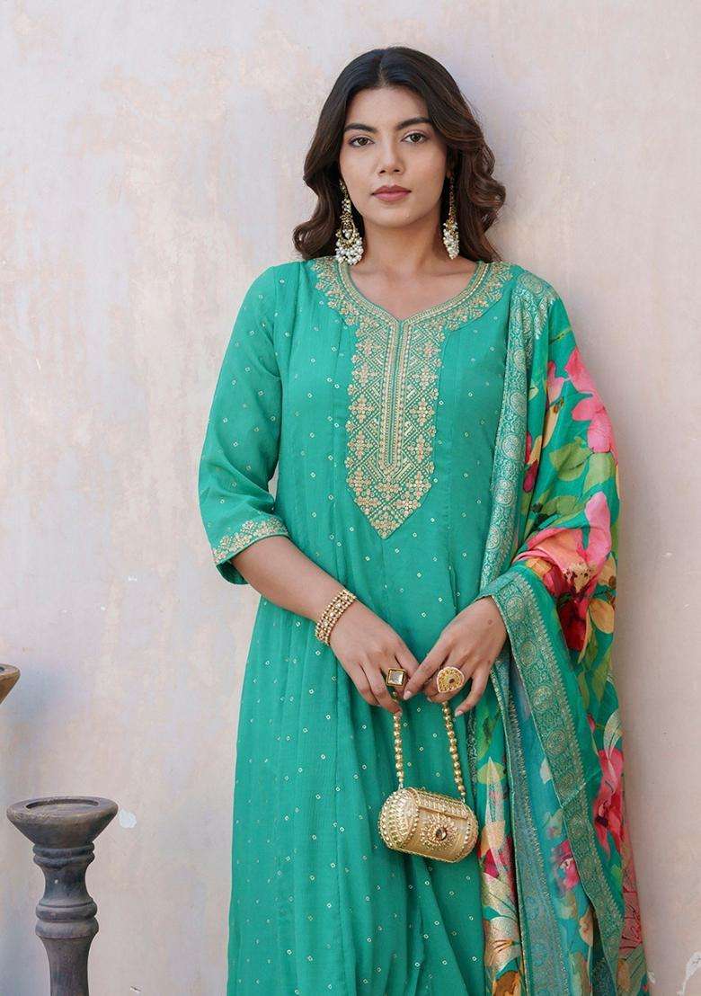 Turquoise Embroidery Silk Blend Anarkali Set - Indya
