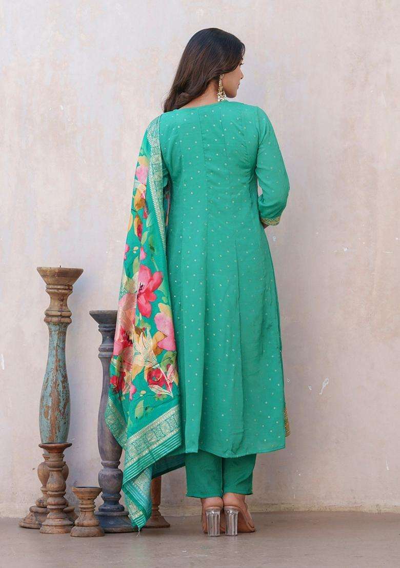 Turquoise Embroidery Silk Blend Anarkali Set - Indya