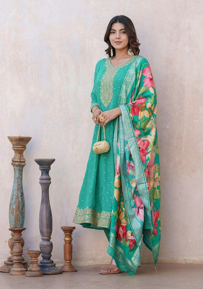 Turquoise Embroidery Silk Blend Anarkali Set - Indya