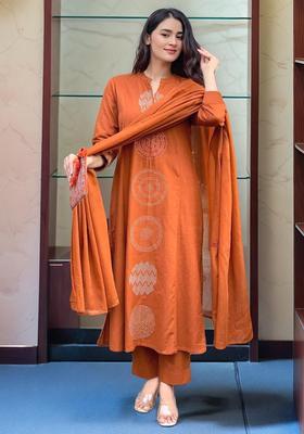 Orange Printed Rayon Kurta Set