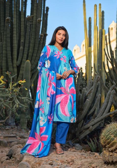 Blue Floral Polyester Kurta Set — view on Indya