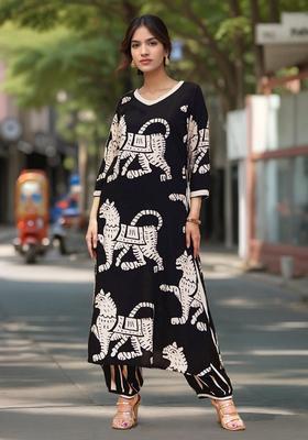 Black Printed Rayon Kurta Set