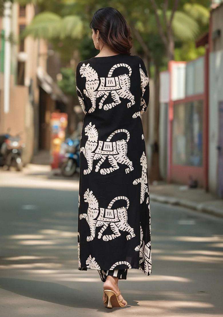 Black Printed Rayon Kurta Set - Indya