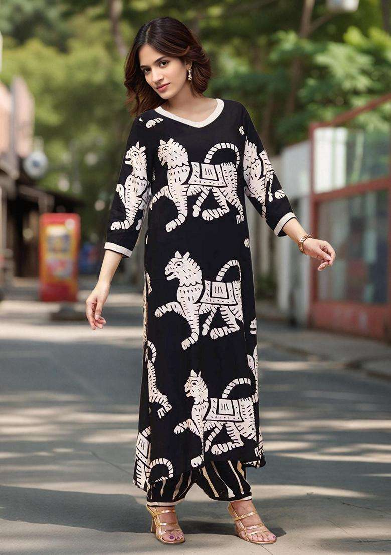 Black Printed Rayon Kurta Set - Indya