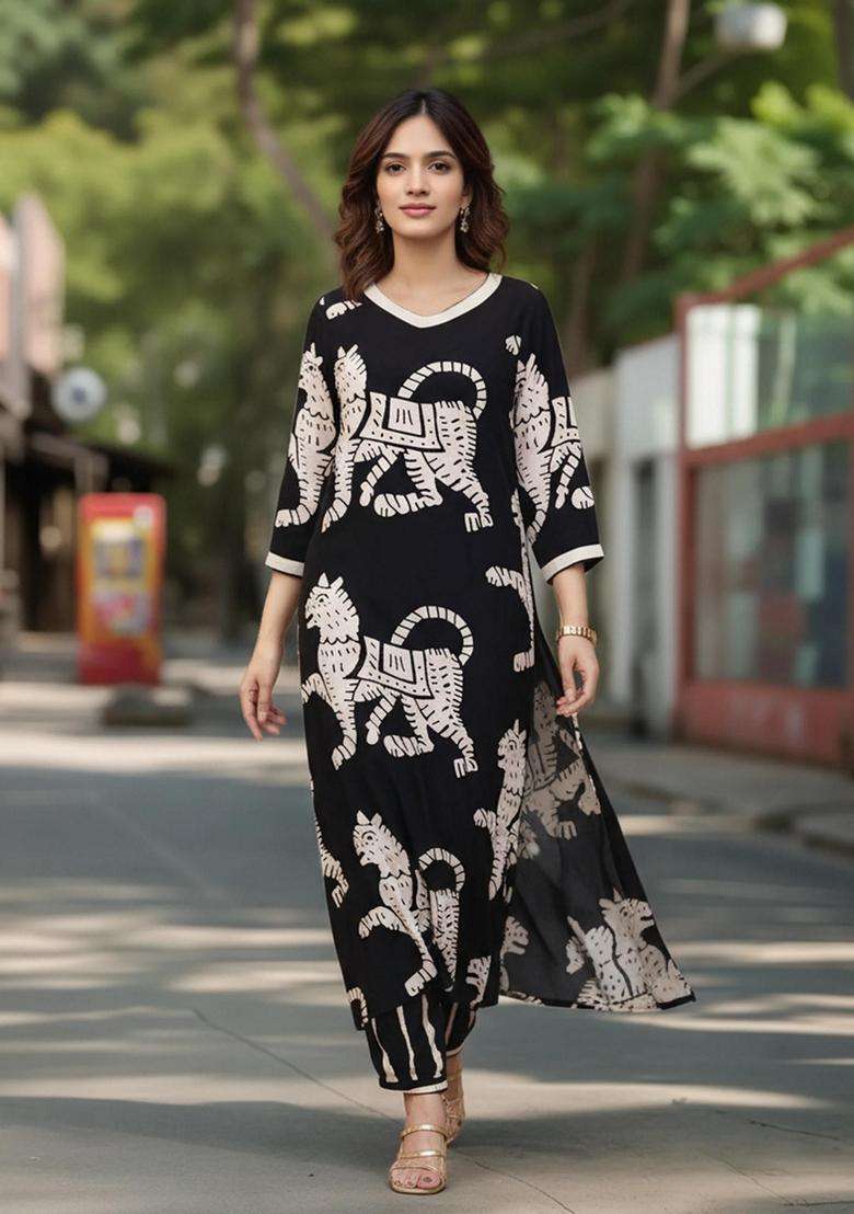Black Printed Rayon Kurta Set - Indya