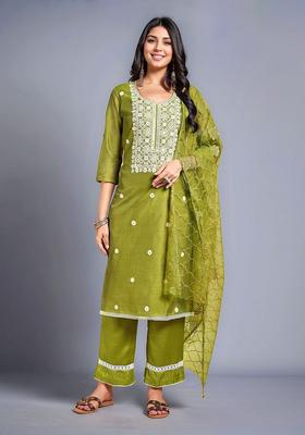 Green Embroidery Chanderi Kurta Set