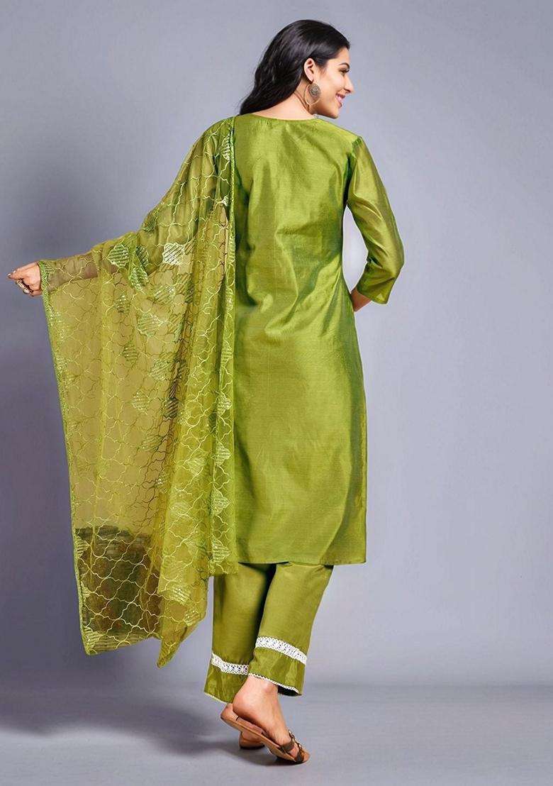 Green Embroidery Chanderi Kurta Set - Indya