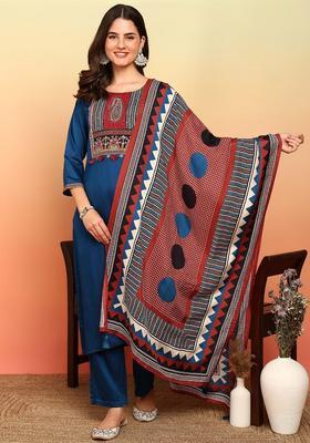 Blue Printed Silk Kurta Set