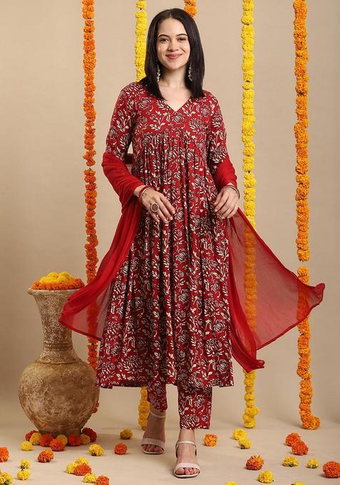 Maroon Floral Rayon Anarkali Set — view on Indya