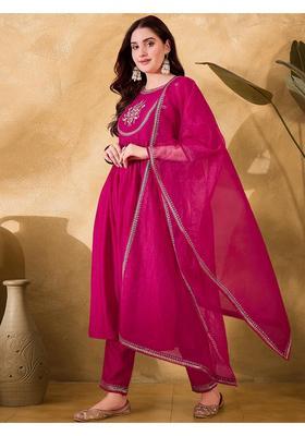 Rani Pink Embroidery Silk Kurta Set