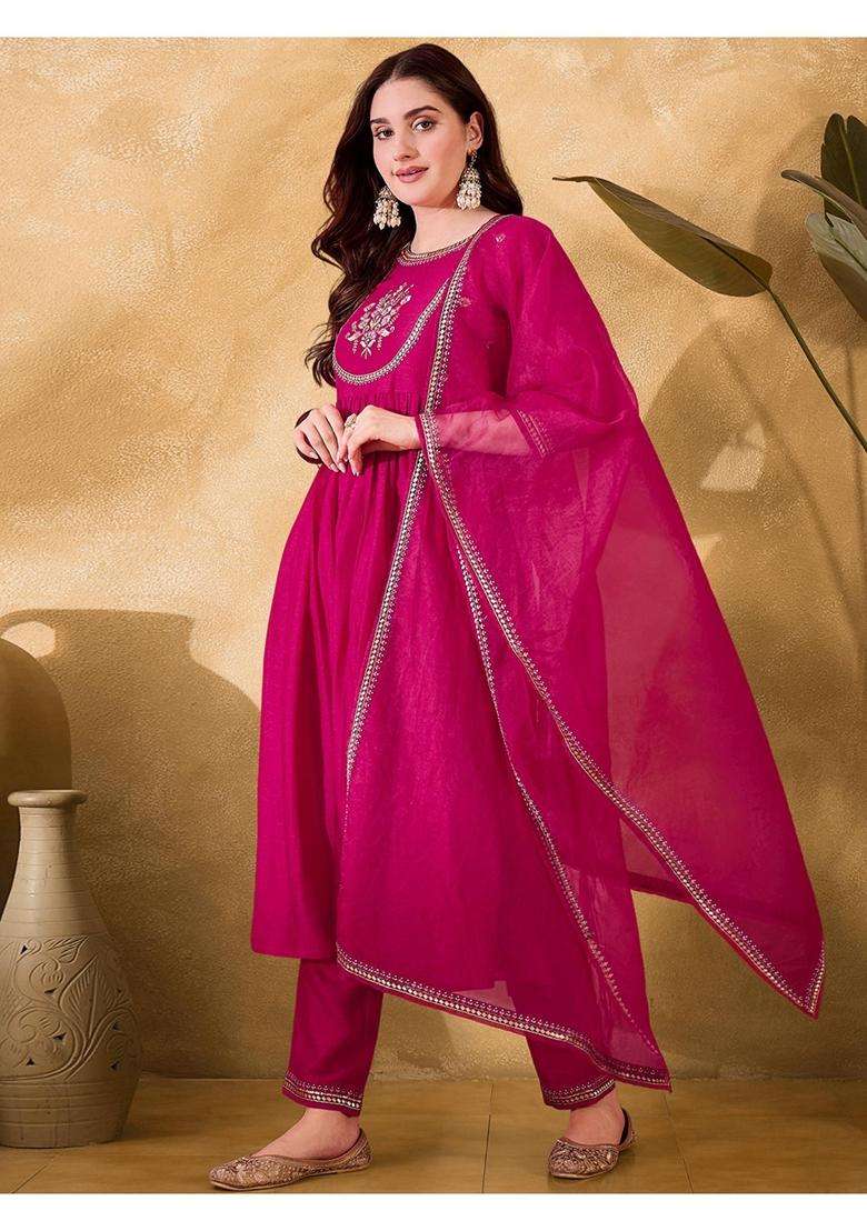 Rani Pink Embroidery Silk Blend Kurta Set - Indya