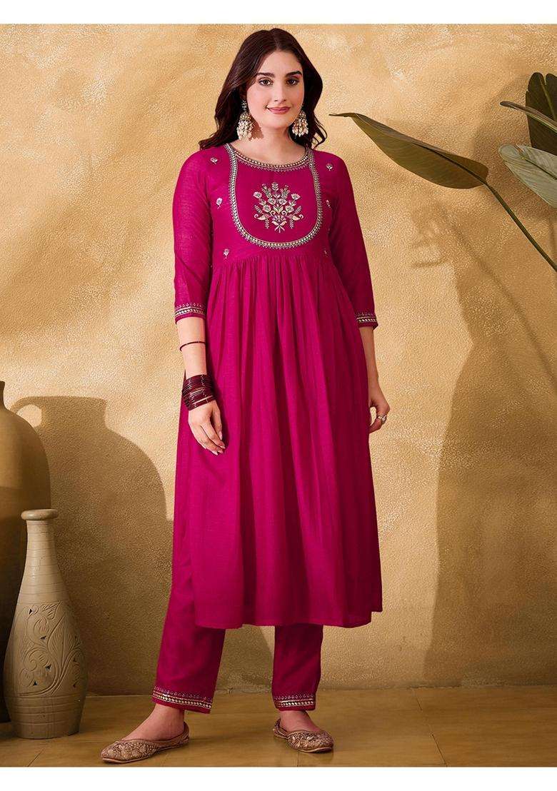 Rani Pink Embroidery Silk Blend Kurta Set - Indya