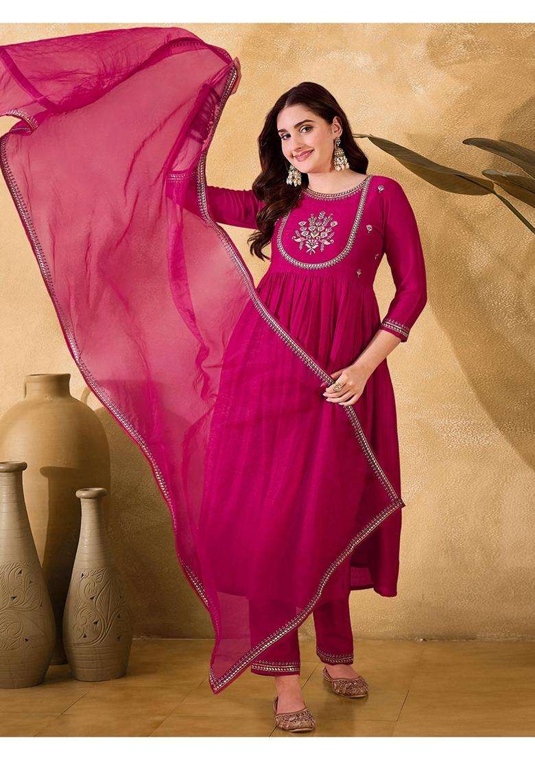 Rani Pink Embroidery Silk Blend Kurta Set - Indya
