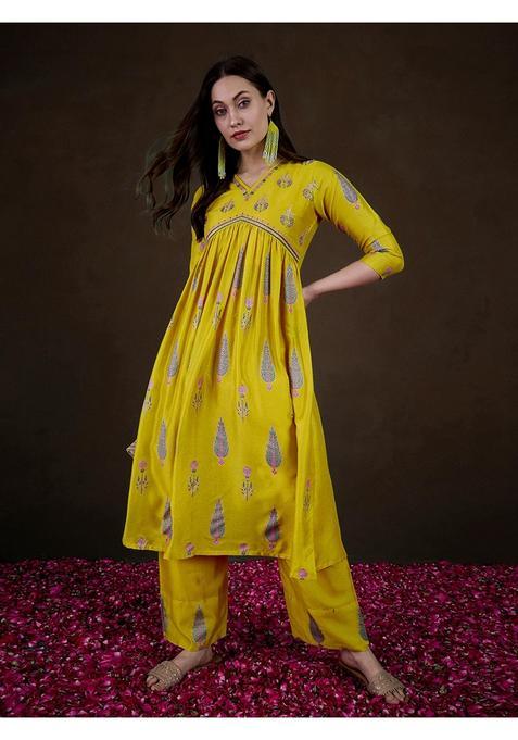 Yellow Floral Silk Palazzo Set — view on Indya