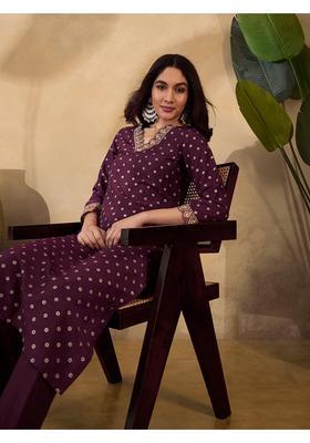 Brown Embroidery Silk Kurta Set