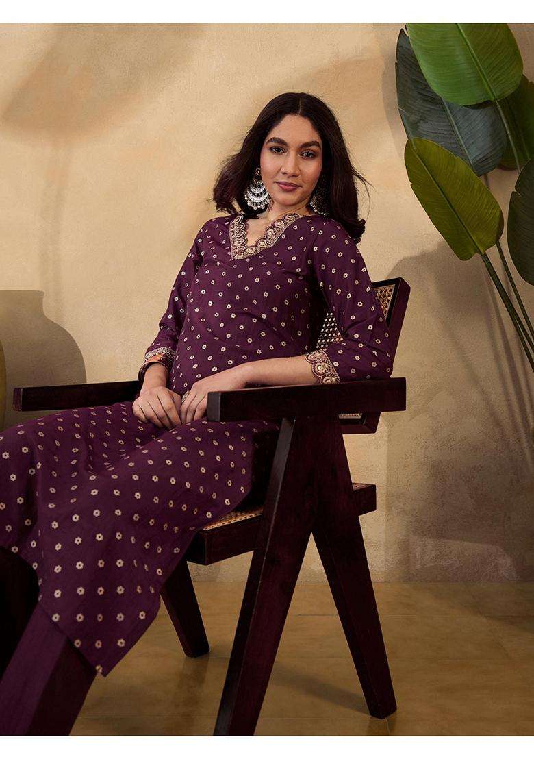Brown Embroidery Silk Blend Kurta Set - Indya