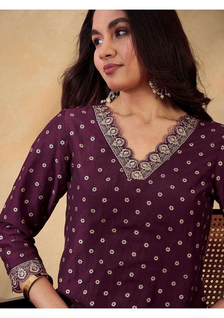 Brown Embroidery Silk Blend Kurta Set - Indya