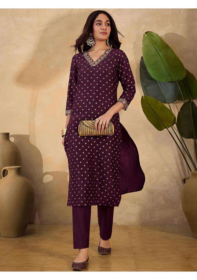 Brown Embroidery Silk Blend Kurta Set - Indya