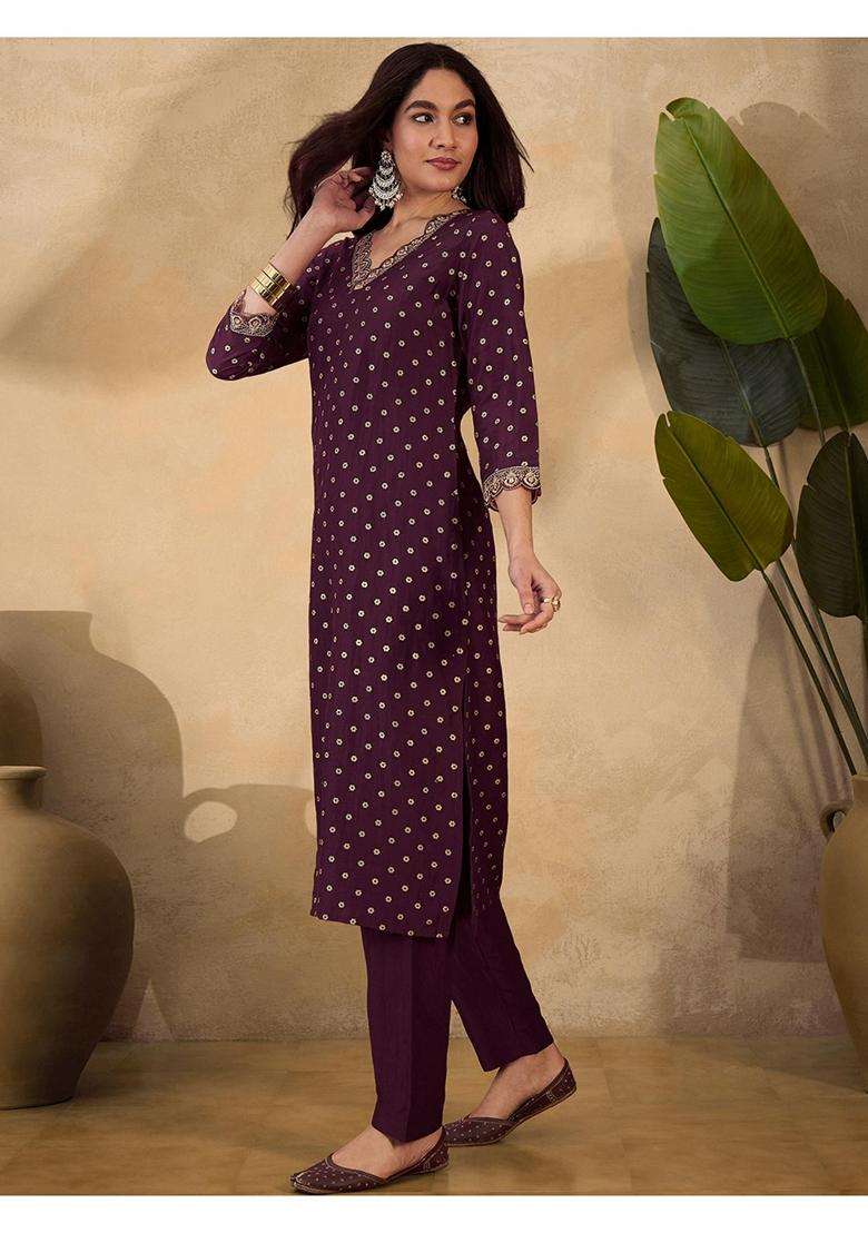 Brown Embroidery Silk Blend Kurta Set - Indya