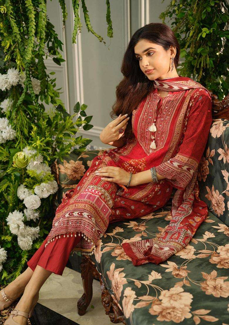 Maroon Printed Polyester Kurta Set - Indya