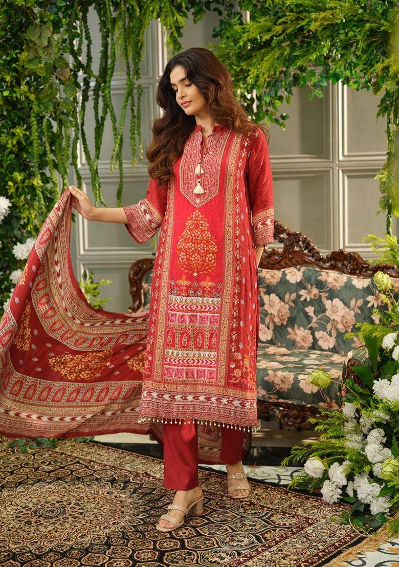 Maroon Printed Polyester Kurta Set - Indya