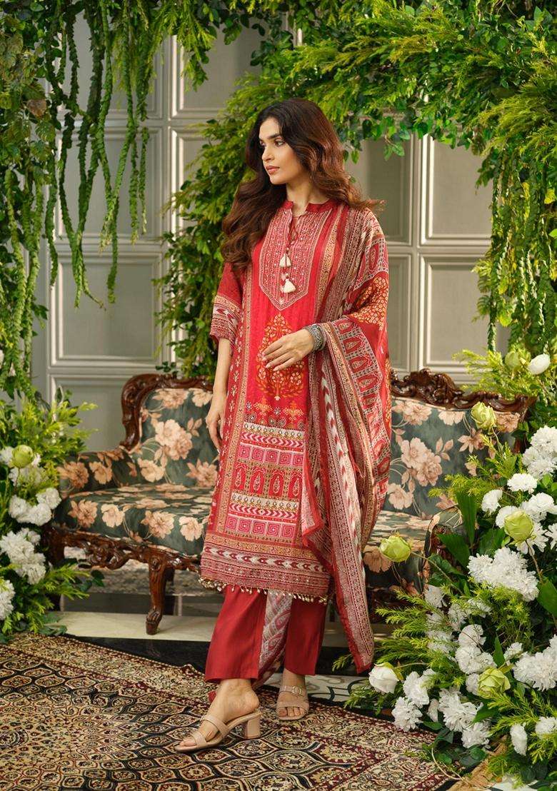 Maroon Printed Polyester Kurta Set - Indya