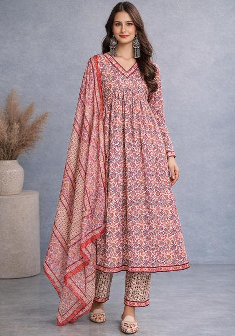 Red Floral Polyester Anarkali Set — view on Indya