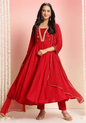 Red Embroidery Rayon Anarkali Set