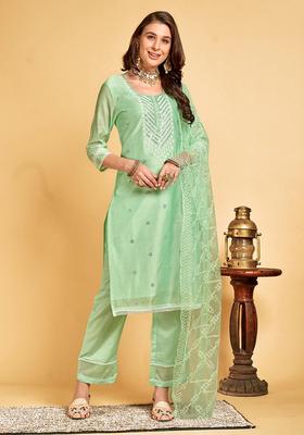 Green Embroidery Chanderi Kurta Set