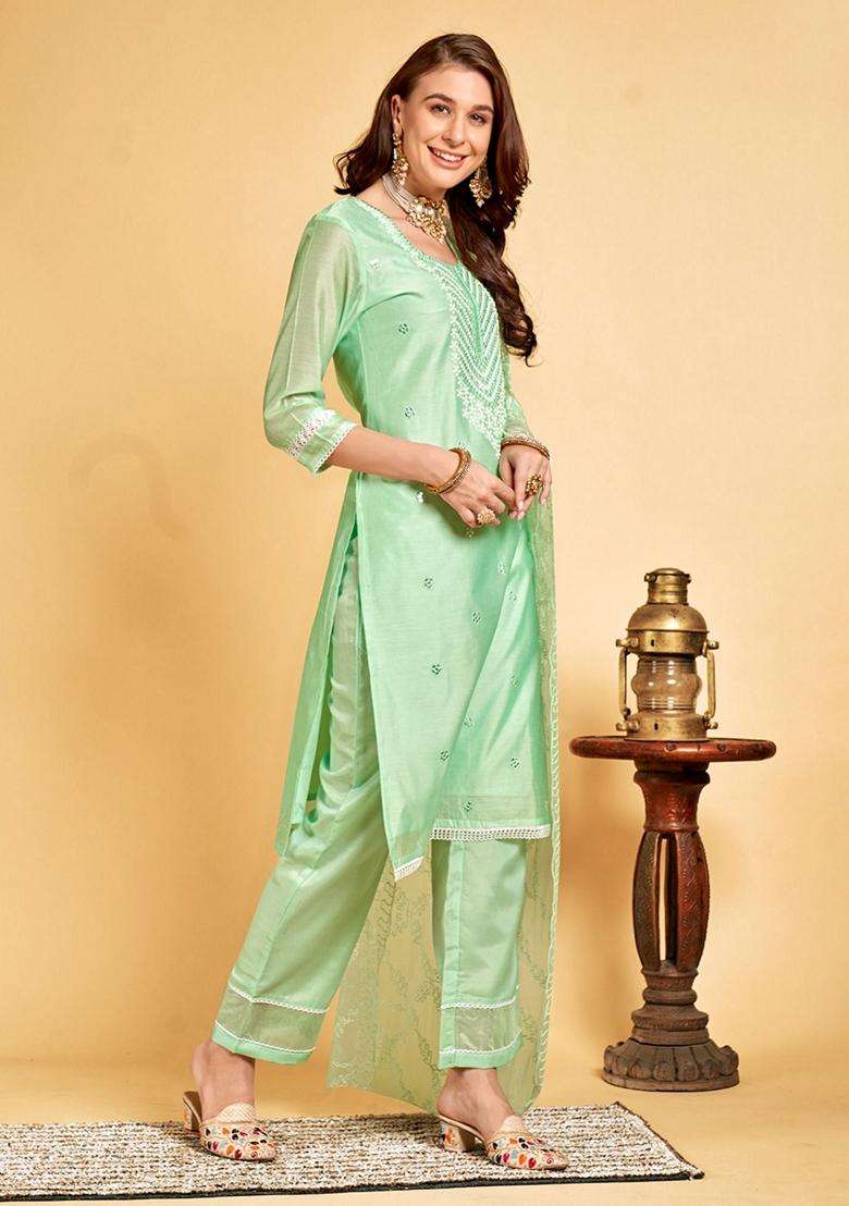 Green Embroidery Chanderi Kurta Set - Indya